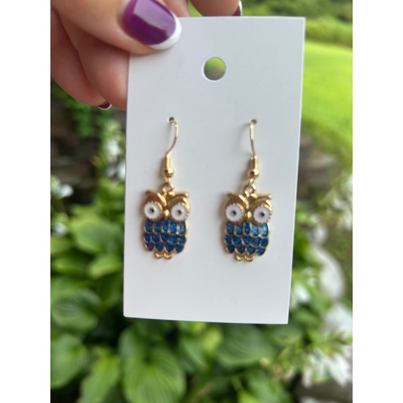 Unbranded Jewelry - Owl Dangle Earrings Blue Gold New Enamel Whimsical Hoot! Boho Retro Quirky